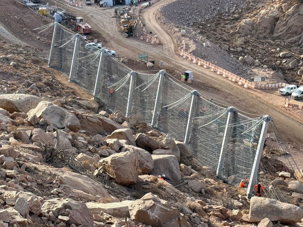 Aerial view of a rockfall barrier line