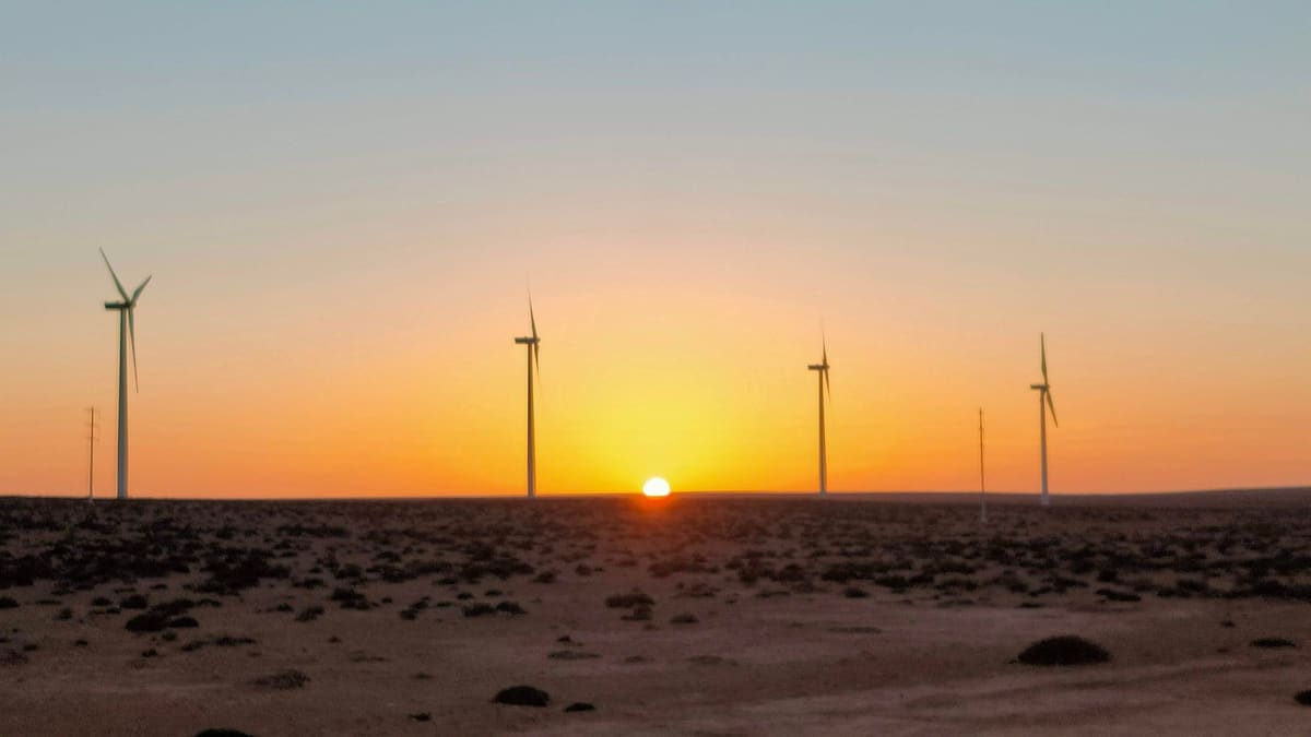 Row of wind turbines at sunset in a desert landscape